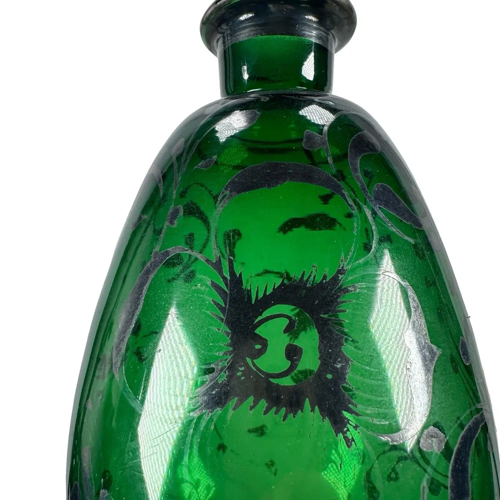 Vintage Empoli‎ Italian Emerald Green Glass Decanter Silver Overlay Floral MCM